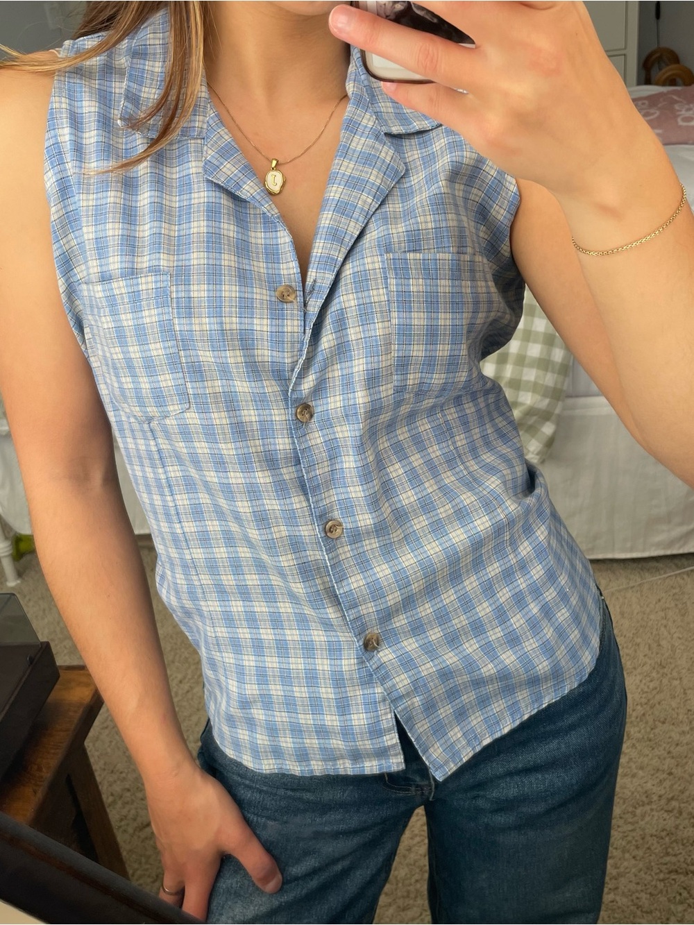 Vintage 90s Blue Gingham Button Up Vest Shirt
